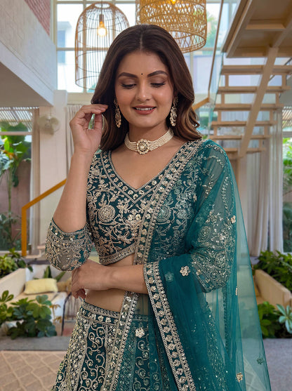 Teal Green Wedding Lehenga Choli with Intricate Embroidery