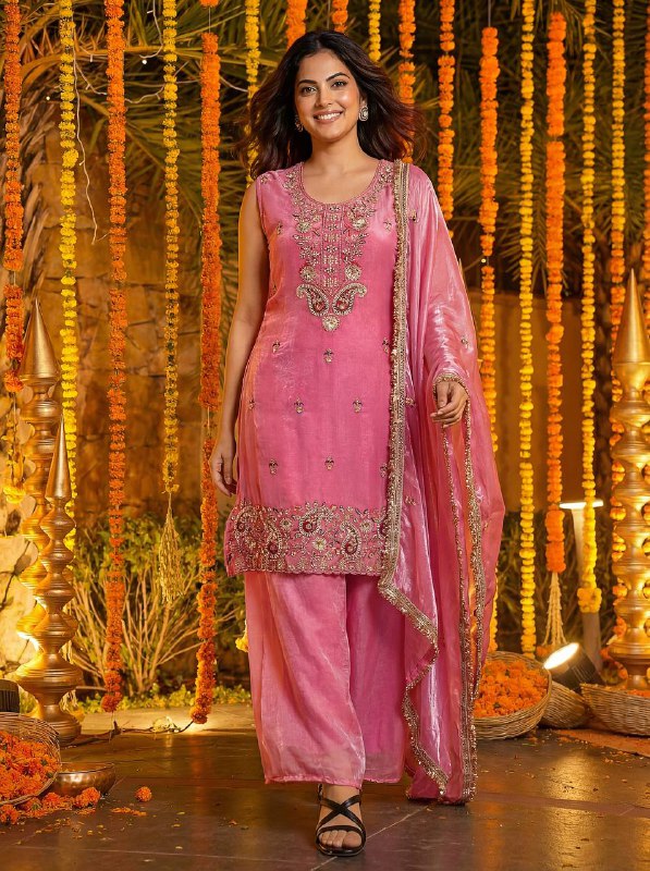 Pink Fendy Silk Kurti Set with Embroidered Dupatta