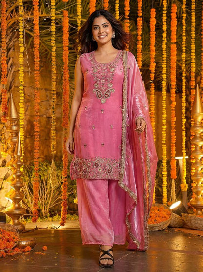 Pink Fendy Silk Kurti Set with Embroidered Dupatta