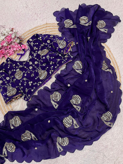 Beautiful Handwork Purple Saree With Stich Blouse