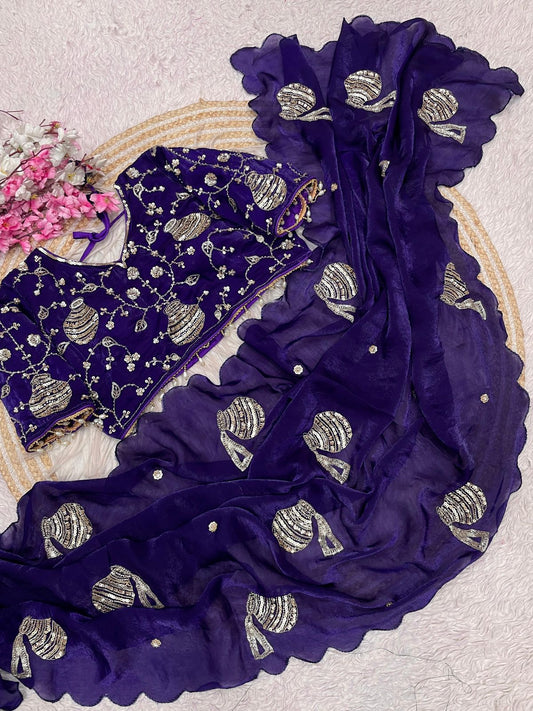 Beautiful Handwork Purple Saree With Stich Blouse