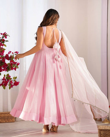 Baby Pink Plain Gergette Sleeveless Anarkali Kurti