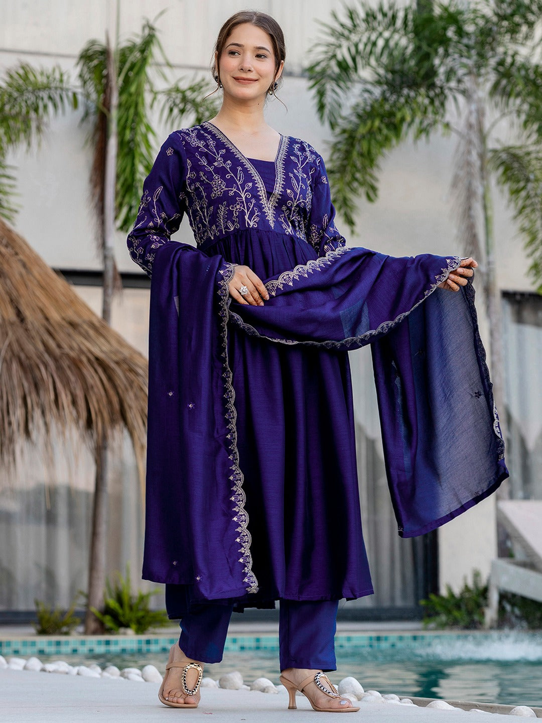 Stunning Vichitra Silk Embroidered Flared Kurti Set