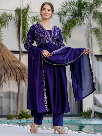 Stunning Vichitra Silk Embroidered Flared Kurti Set