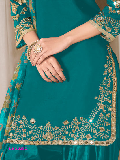 Elegant Silk Teal Panjabi Suit with Embroidery Work