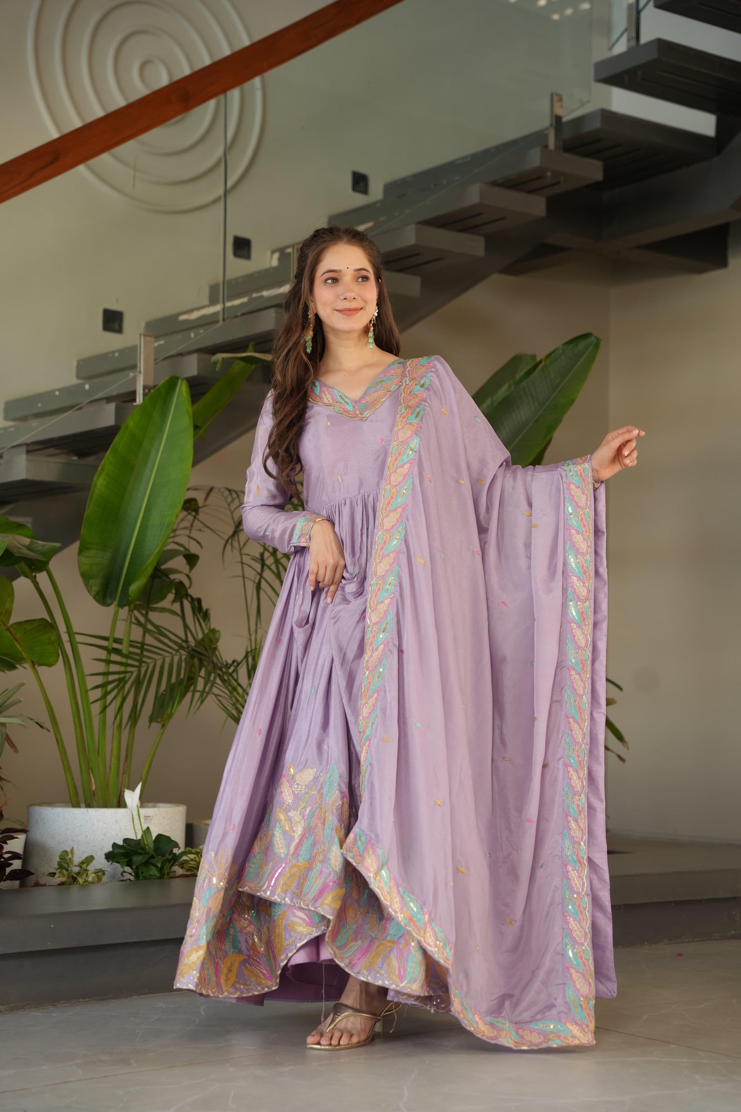 Readymade Lavender Chinnon Gown With Rich Sequins & Multi Thread