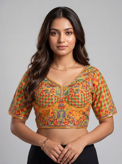 Yellow Sweetheart Neck Embroidered Blouse