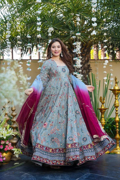 Elegance Jimmy Organza Silk Digital Printed Anarkali Gown With Dupatta
