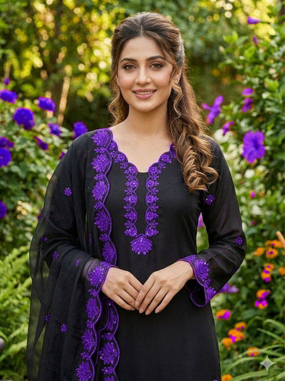 Purple Crape Silk Sequence Embroidery Suit With Organza Dupatta