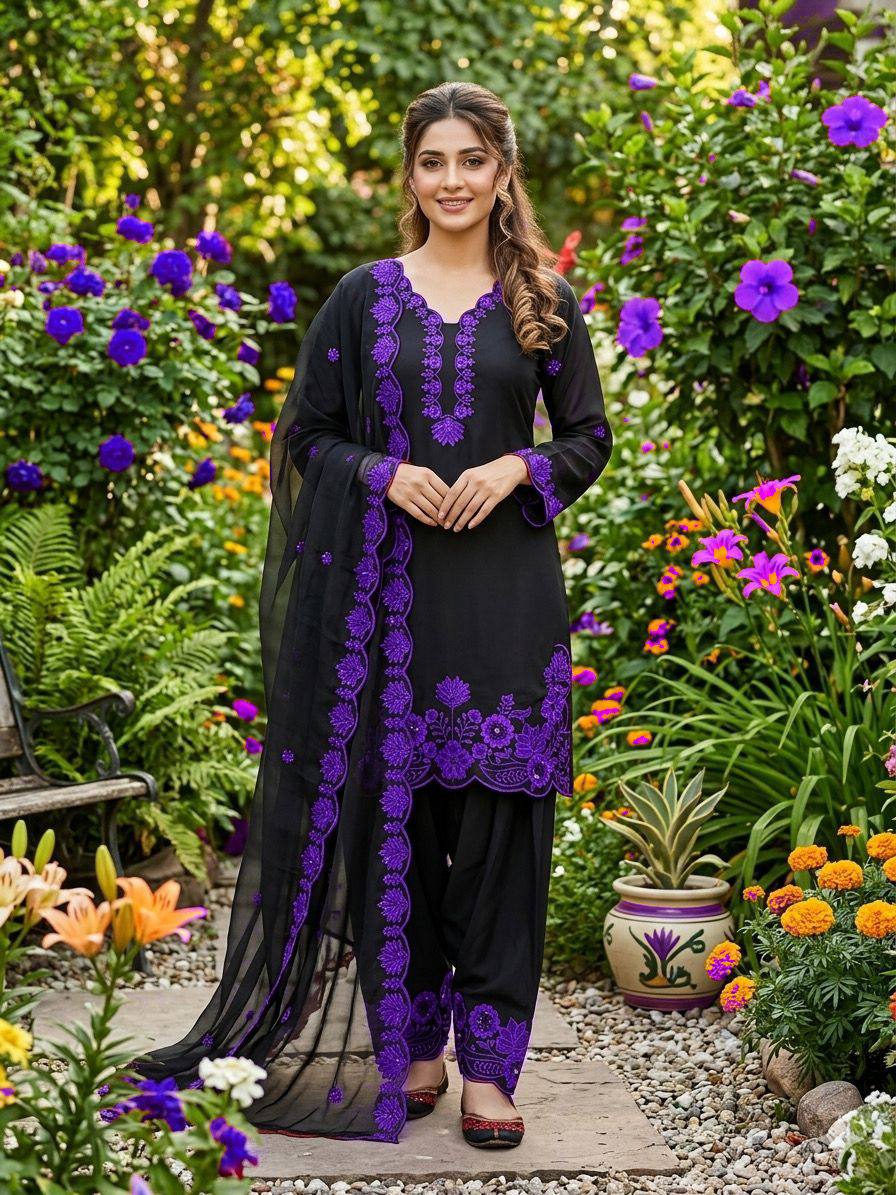 Purple Crape Silk Sequence Embroidery Suit With Organza Dupatta