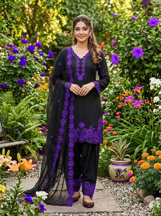 Purple Crape Silk Sequence Embroidery Suit With Organza Dupatta