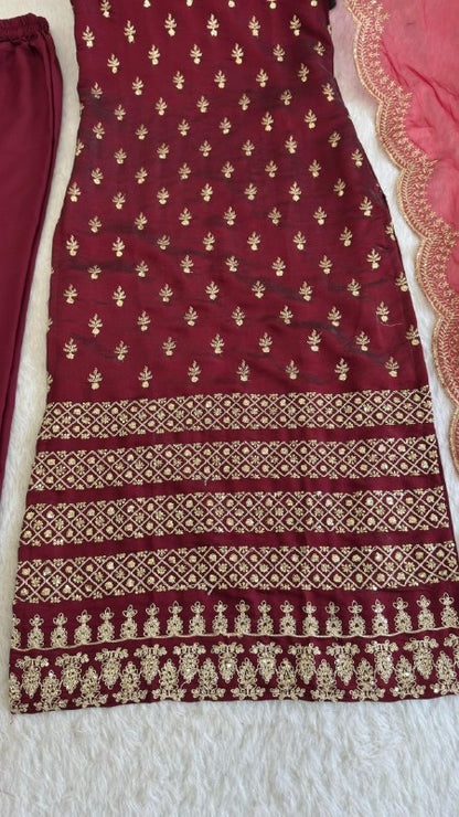 Luxury Maroon Kurta Set with Intricate Embroidery for Wedding And Festive Wear
