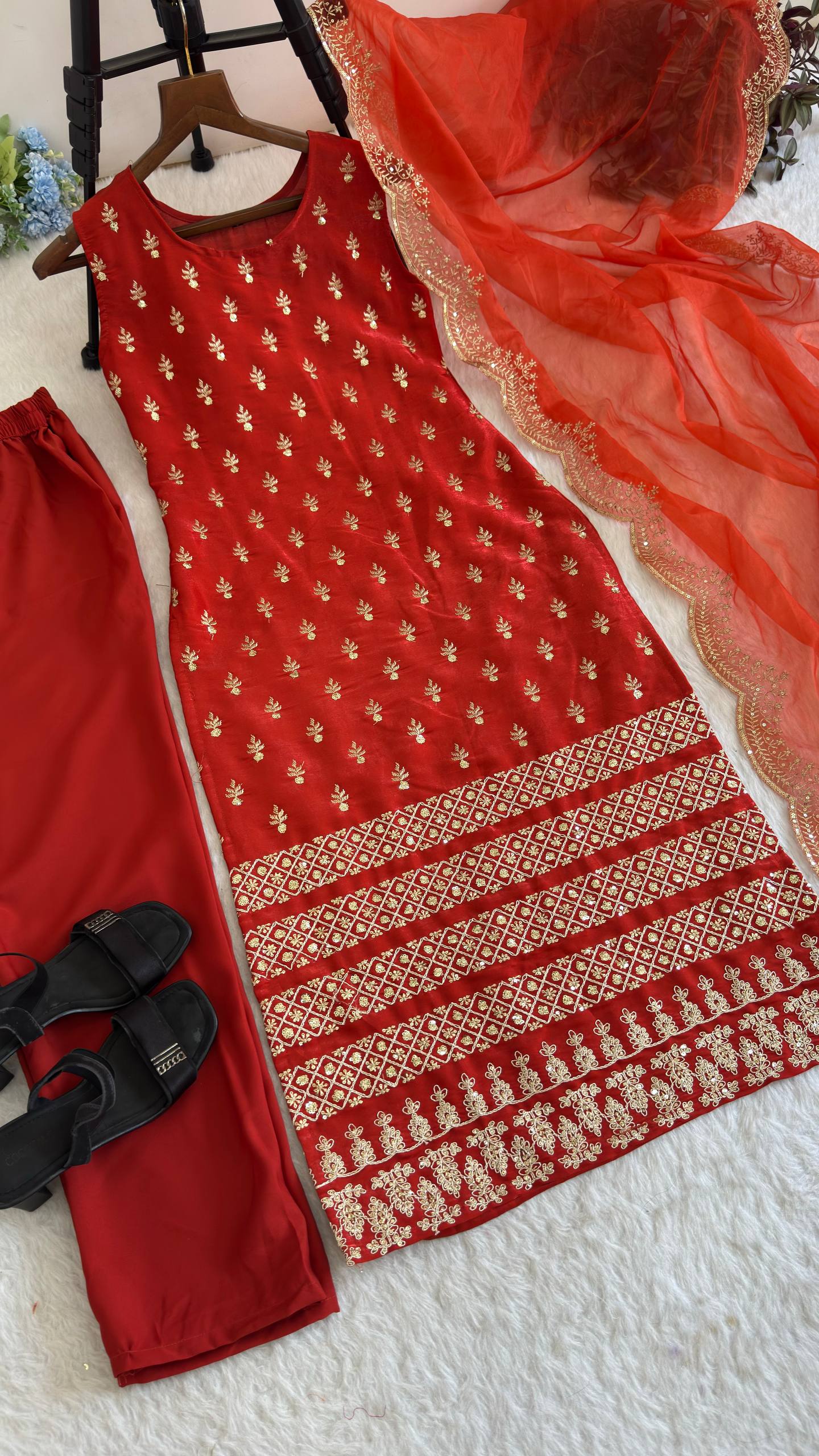 Women’s Red Embroidered Suit Set with Dupatta
