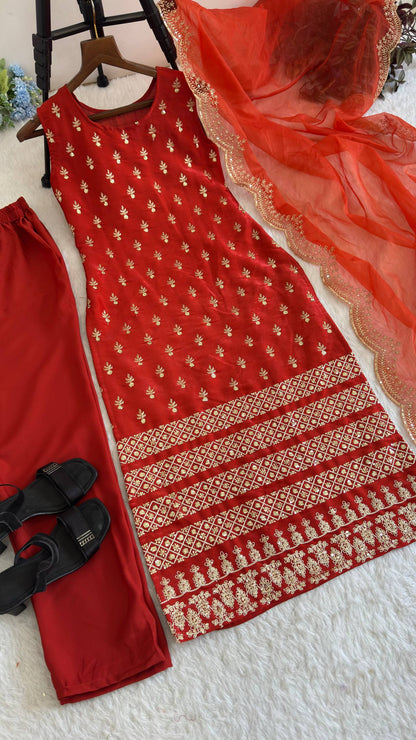 Women’s Red Embroidered Suit Set with Dupatta