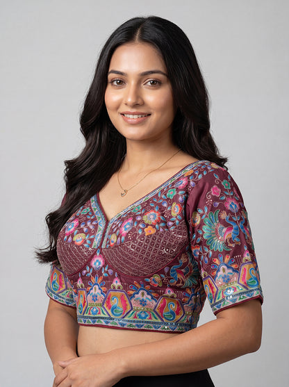 Viscose Wine Designer Readymade Blouse