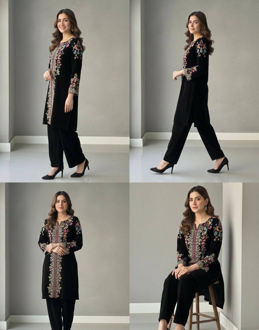 Velvet Embroidered Full Stitched Two Piece