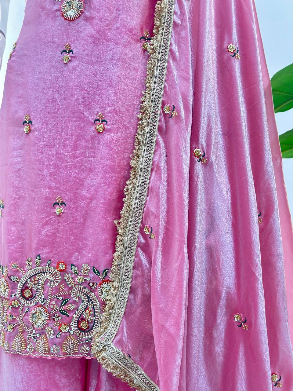 Pink Fendy Silk Kurti Set with Embroidered Dupatta