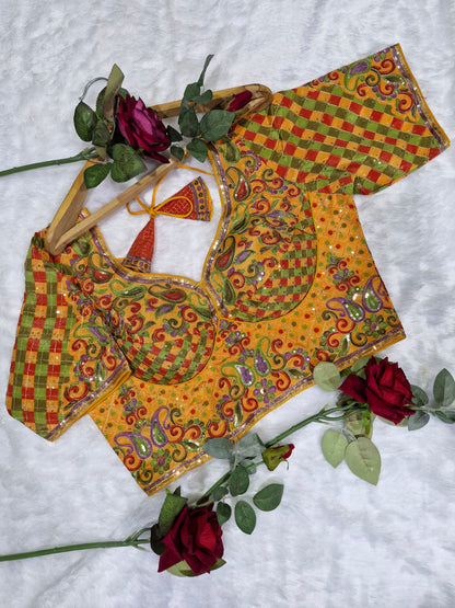 Yellow Sweetheart Neck Embroidered Blouse