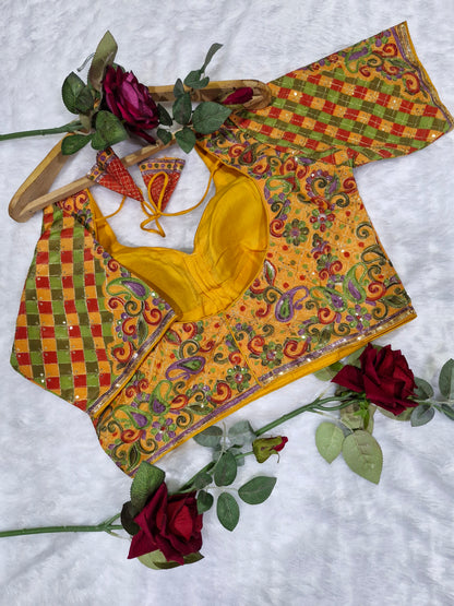 Yellow Sweetheart Neck Embroidered Blouse