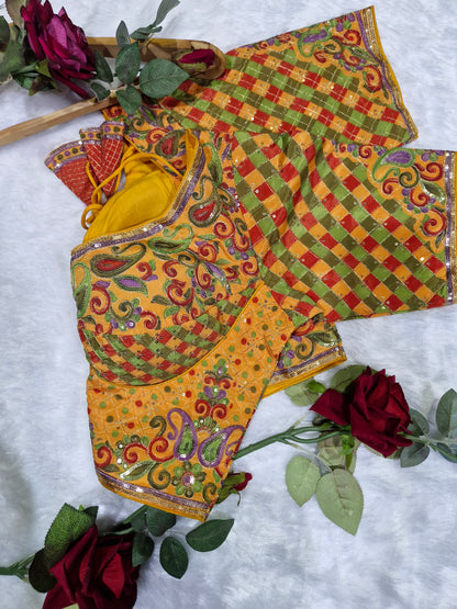 Yellow Sweetheart Neck Embroidered Blouse