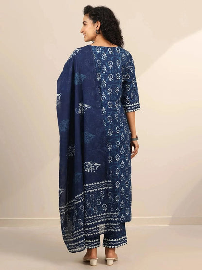 Navy Blue Cotton Printed Kurti Pant Set