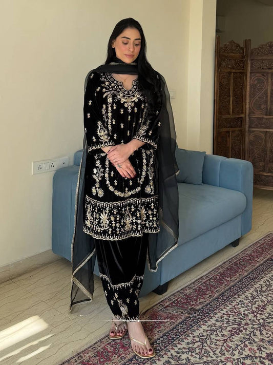 Black Velvet Palazzo Suit With Embroidery Work