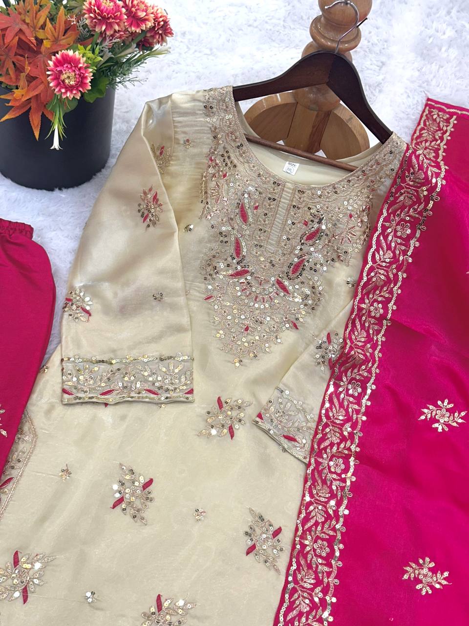 Cream And Pink Embroidered Palazzo Suit Set