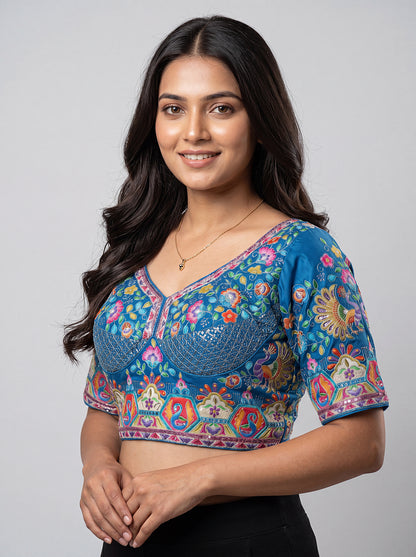 Heavy Multicolor Embroidery Position Print Blouse