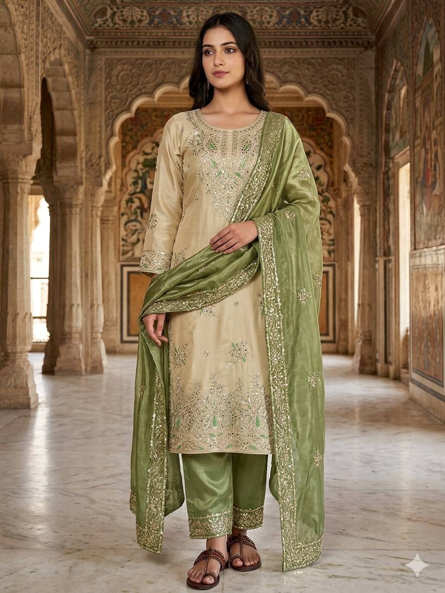 Full Sleeve Embroidered Kurti Palazzo with Dupatta