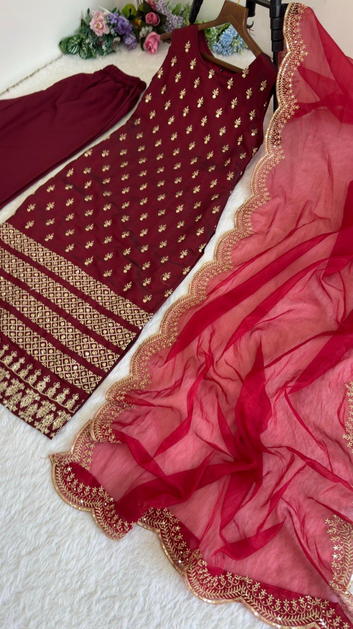 Luxury Maroon Kurta Set with Intricate Embroidery for Wedding And Festive Wear