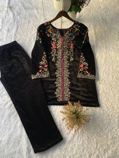 Velvet Embroidered Full Stitched Two Piece