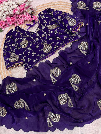 Beautiful Handwork Purple Saree With Stich Blouse