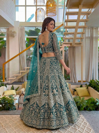 Teal Green Wedding Lehenga Choli with Intricate Embroidery