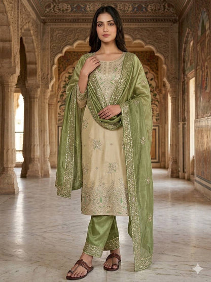 Full Sleeve Embroidered Kurti Palazzo with Dupatta