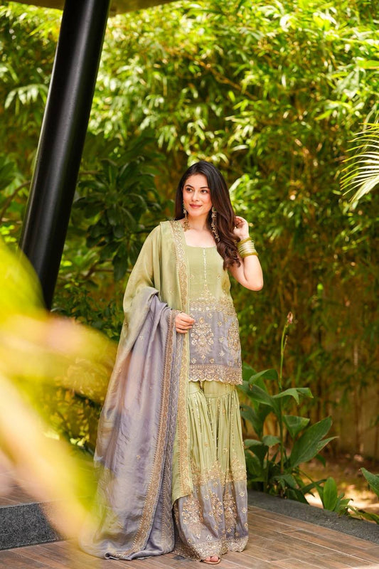 Chinon Plazzo Suit With Sequence Embroidery Work