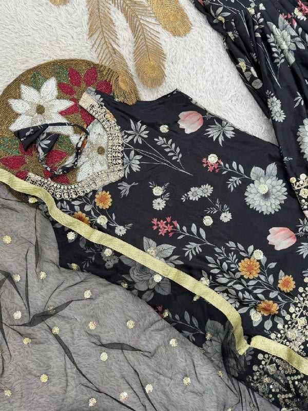 Chic Black Floral Printed Sharara Set with Gold Embroidered