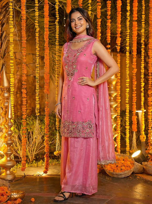 Pink Fendy Silk Kurti Set with Embroidered Dupatta