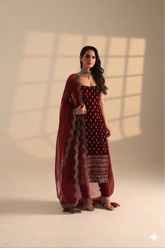 Luxury Maroon Kurta Set with Intricate Embroidery for Wedding And Festive Wear