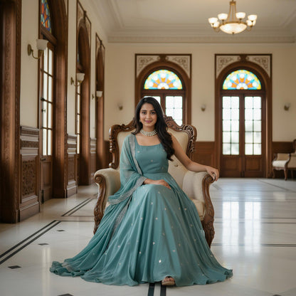 Elegance Fandy Satin Pastel Teal Anarkali Gown