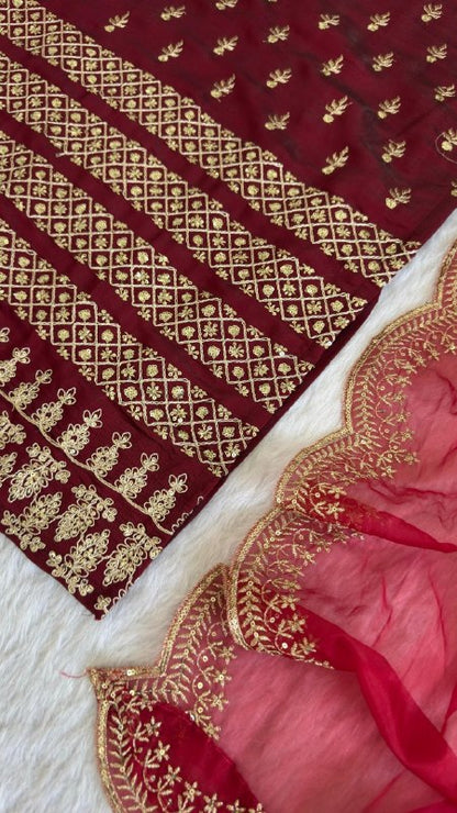Luxury Maroon Kurta Set with Intricate Embroidery for Wedding And Festive Wear