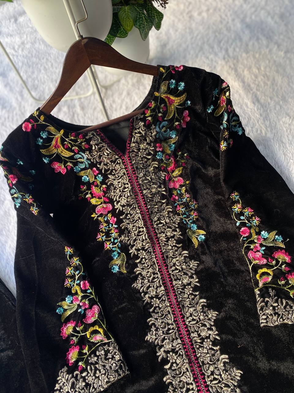 Velvet Embroidered Full Stitched Two Piece