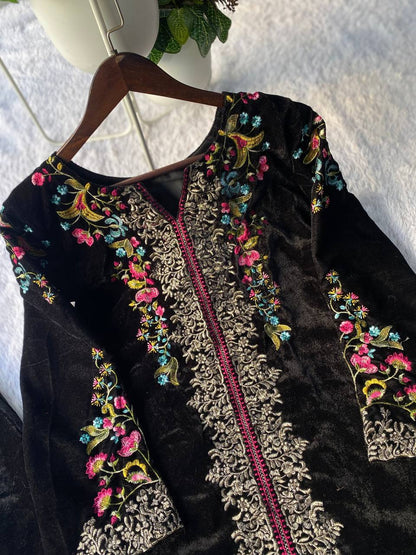 Velvet Embroidered Full Stitched Two Piece