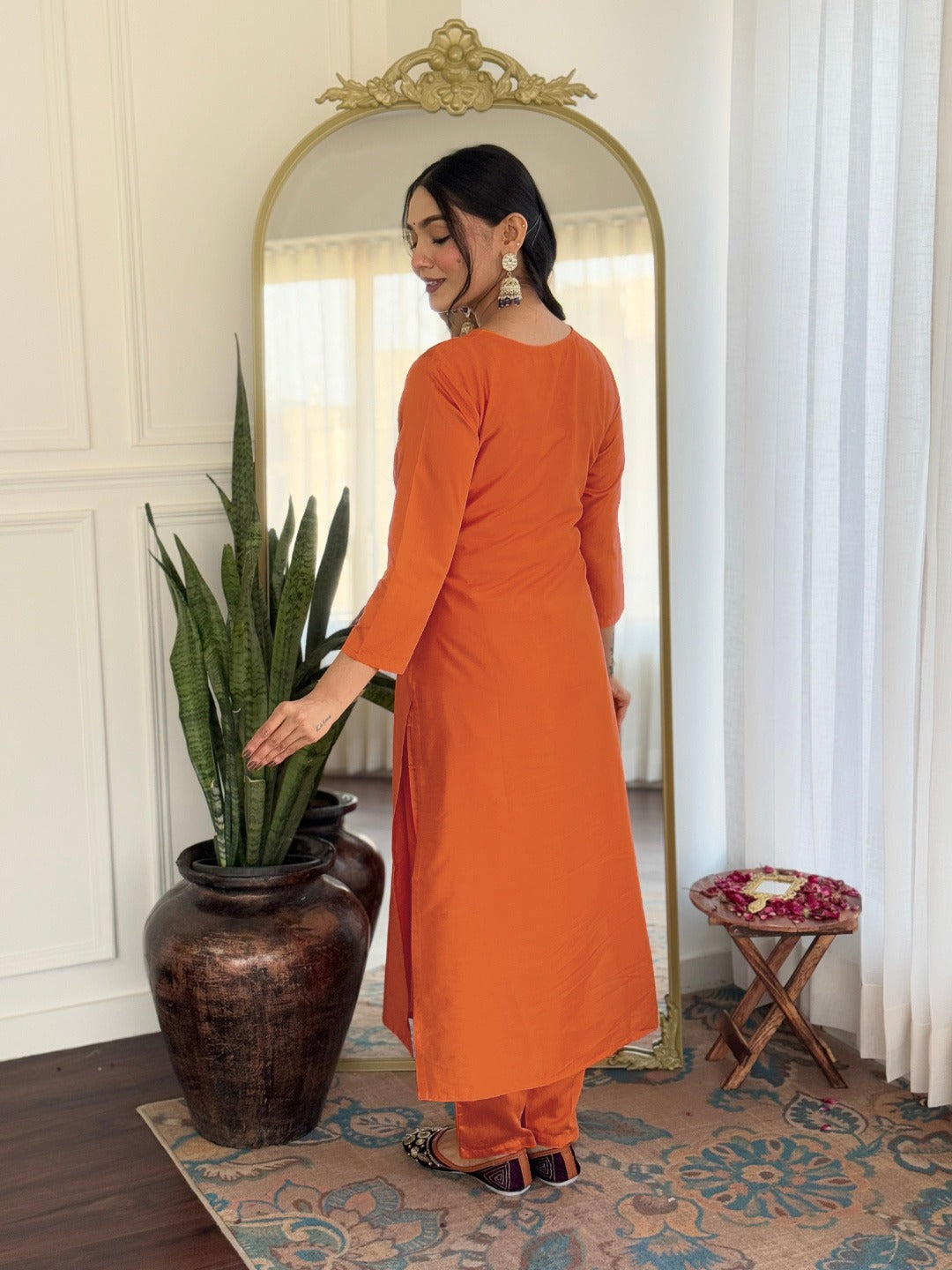 Orange Rayon Embroidered Straight Kurta With Pant