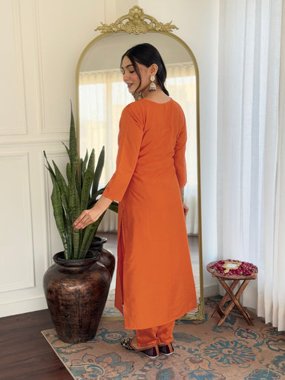 Orange Rayon Embroidered Straight Kurta With Pant