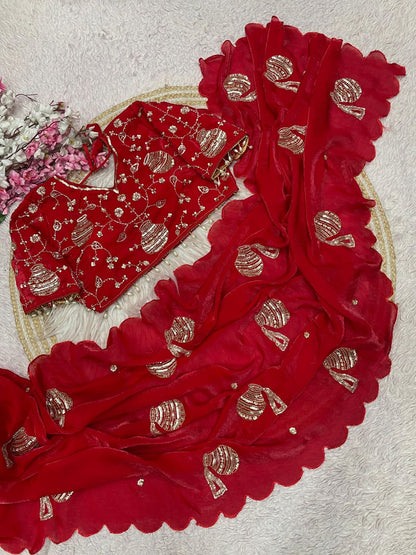 Designers Satin Red Hand Work Saree