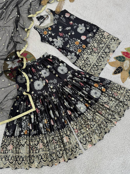 Chic Black Floral Printed Sharara Set with Gold Embroidered