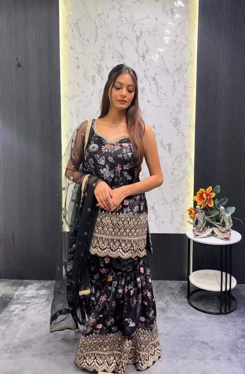 Chic Black Floral Printed Sharara Set with Gold Embroidered
