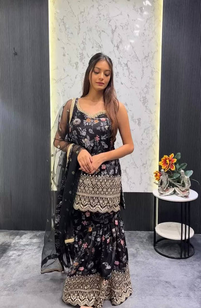 Chic Black Floral Printed Sharara Set with Gold Embroidered
