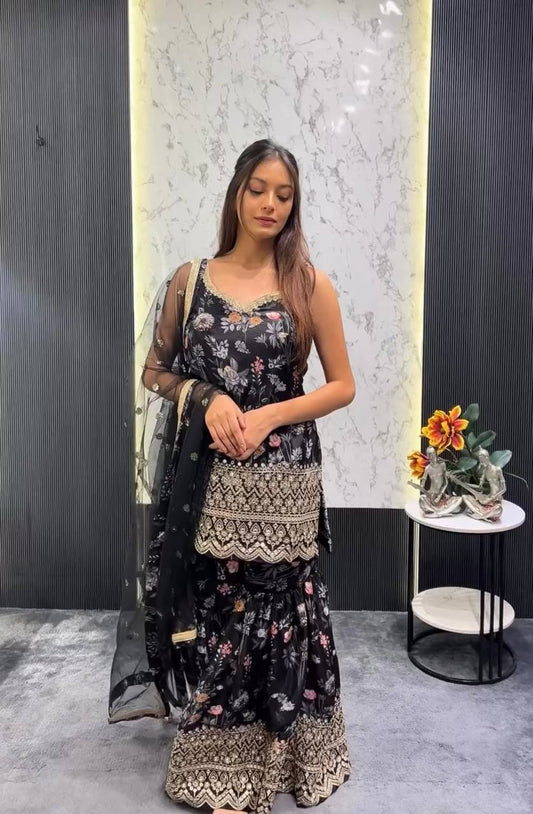 Chic Black Floral Printed Sharara Set with Gold Embroidered