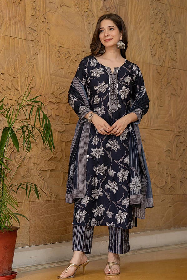 Cotton Flower Print Kurti Pant Set
